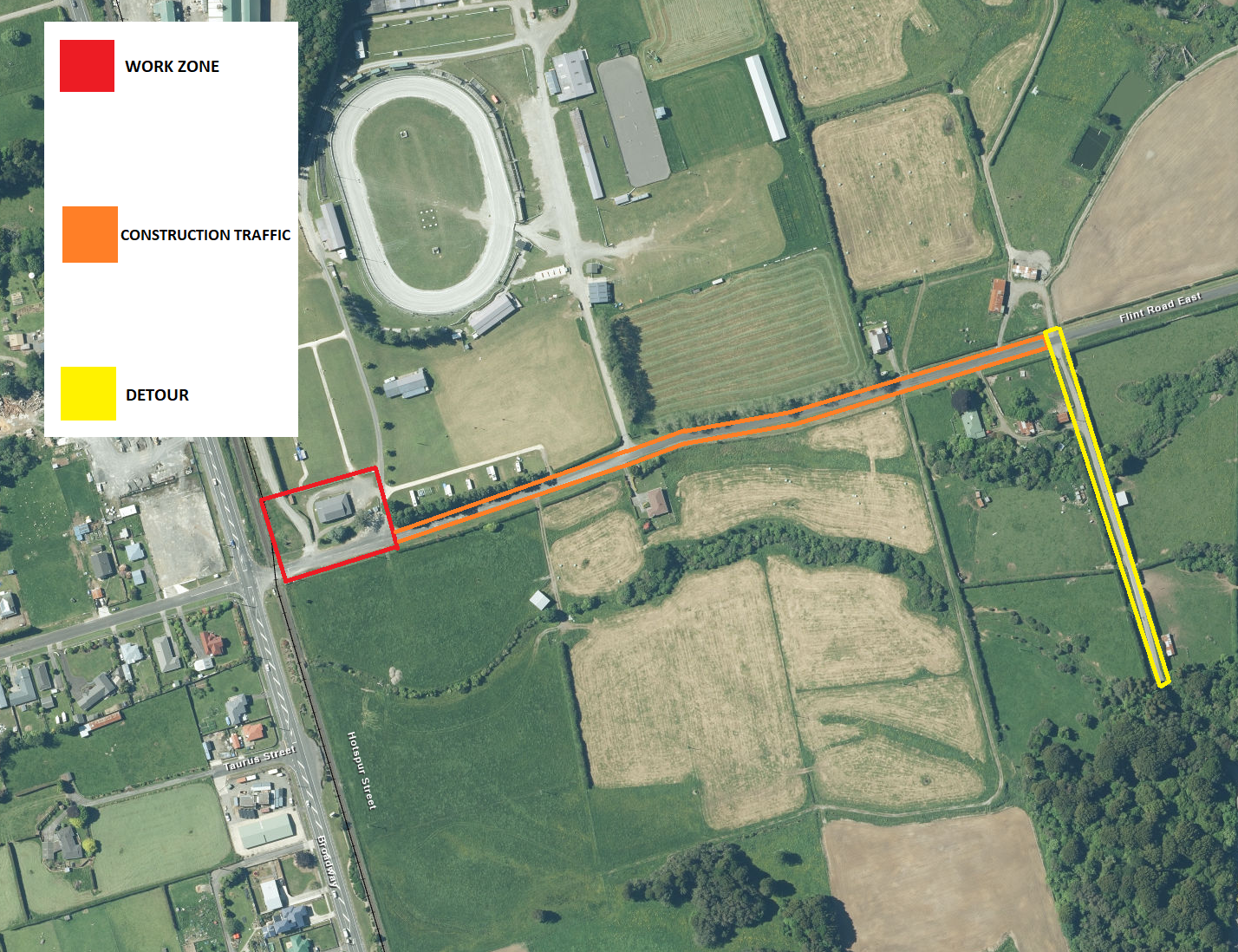 Aerial photo of Flint Road showing construction area and detour route