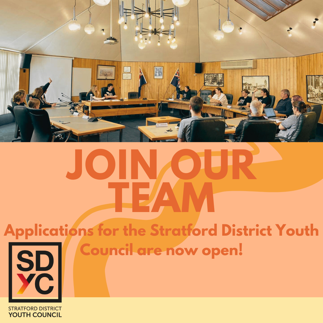 Photo of youth council meeting with orange design that says "Join our team" and the SDYC logo